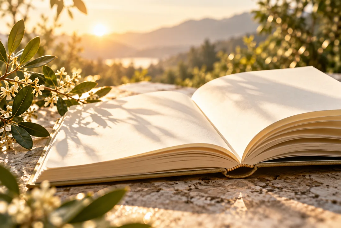 Open ivory book pages in soft sunlight