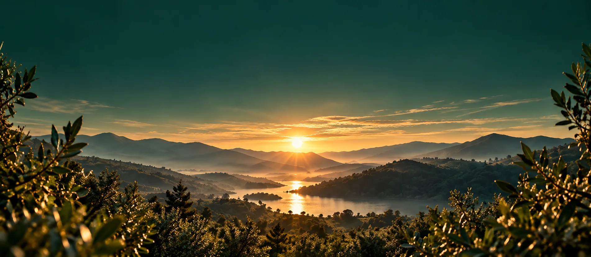 Golden sunrise over a lake and layered wooded mountains